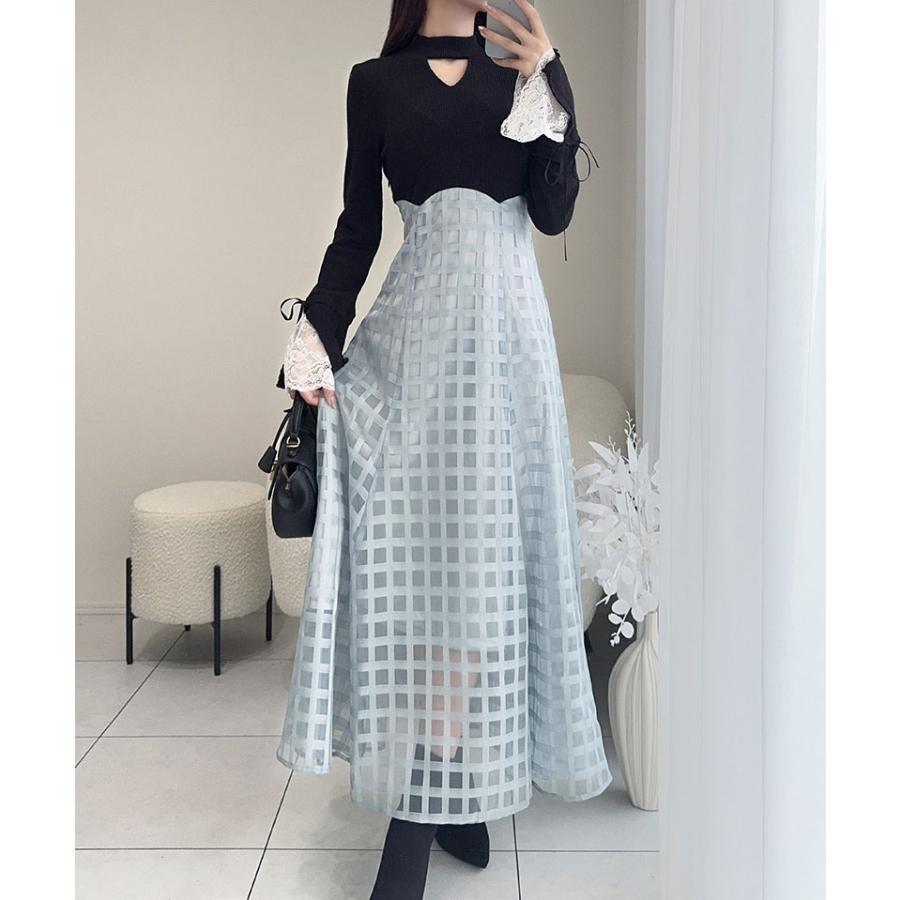 【mily bilet】 ワンピース レディース 袖口 レース リブ ニット ドッキング ワンピ フレア袖 リボン シアー チェック 柄 透け感 レースアップ | classicalelf | 15