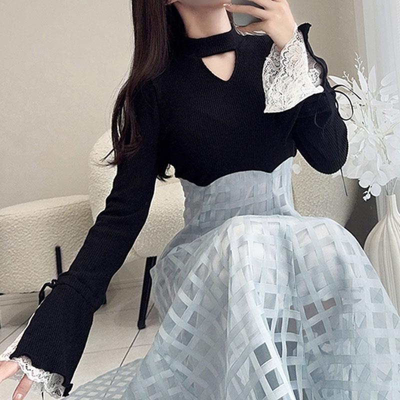 【mily bilet】 ワンピース レディース 袖口 レース リブ ニット ドッキング ワンピ フレア袖 リボン シアー チェック 柄 透け感 レースアップ | classicalelf | 18