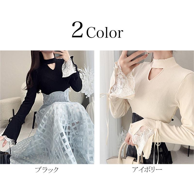 【mily bilet】 ワンピース レディース 袖口 レース リブ ニット ドッキング ワンピ フレア袖 リボン シアー チェック 柄 透け感 レースアップ | classicalelf | 02