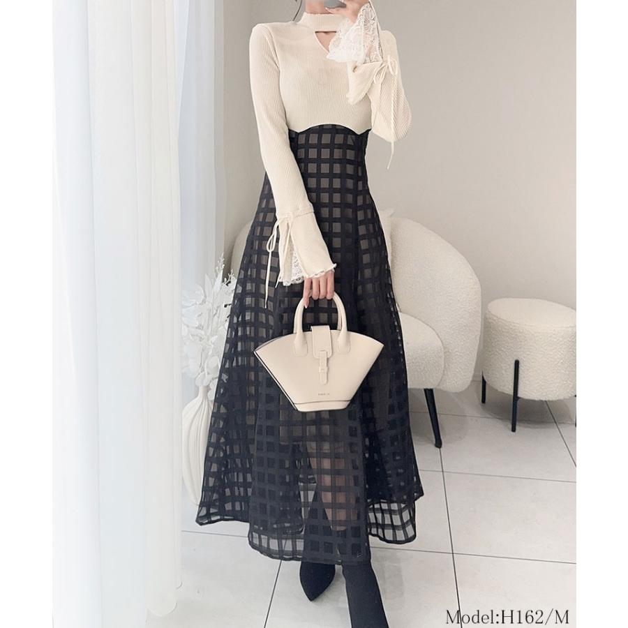 【mily bilet】 ワンピース レディース 袖口 レース リブ ニット ドッキング ワンピ フレア袖 リボン シアー チェック 柄 透け感 レースアップ | classicalelf | 03