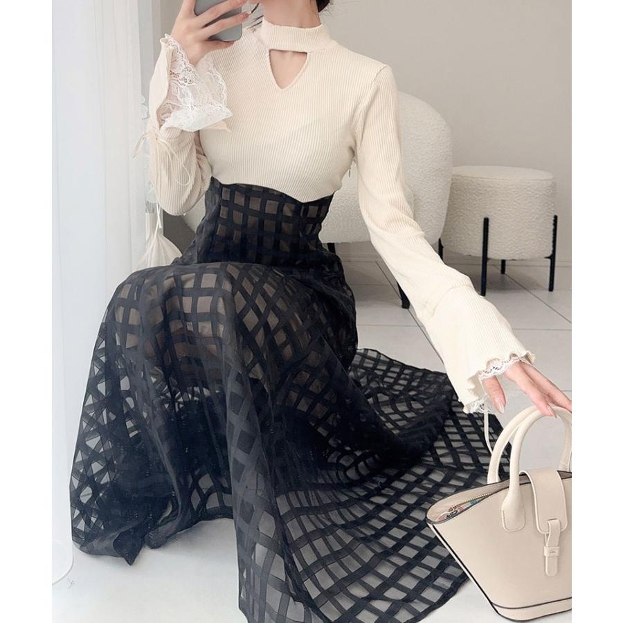 【mily bilet】 ワンピース レディース 袖口 レース リブ ニット ドッキング ワンピ フレア袖 リボン シアー チェック 柄 透け感 レースアップ | classicalelf | 04