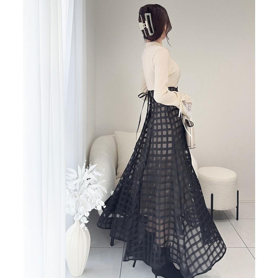 【mily bilet】 ワンピース レディース 袖口 レース リブ ニット ドッキング ワンピ フレア袖 リボン シアー チェック 柄 透け感 レースアップ | classicalelf | 05