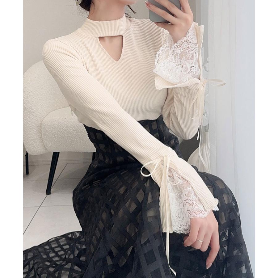 【mily bilet】 ワンピース レディース 袖口 レース リブ ニット ドッキング ワンピ フレア袖 リボン シアー チェック 柄 透け感 レースアップ | classicalelf | 06