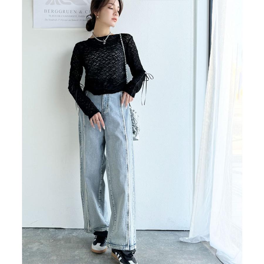 【mily bilet】 トップス Tシャツ レディース シアー ジャガード 総レース 素材 サイド サテン リボン 長袖 レイヤードコーデ 透け感 | classicalelf | 10