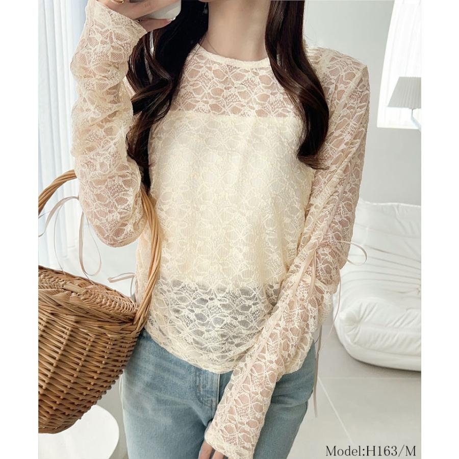 【mily bilet】 トップス Tシャツ レディース シアー ジャガード 総レース 素材 サイド サテン リボン 長袖 レイヤードコーデ 透け感 | classicalelf | 14