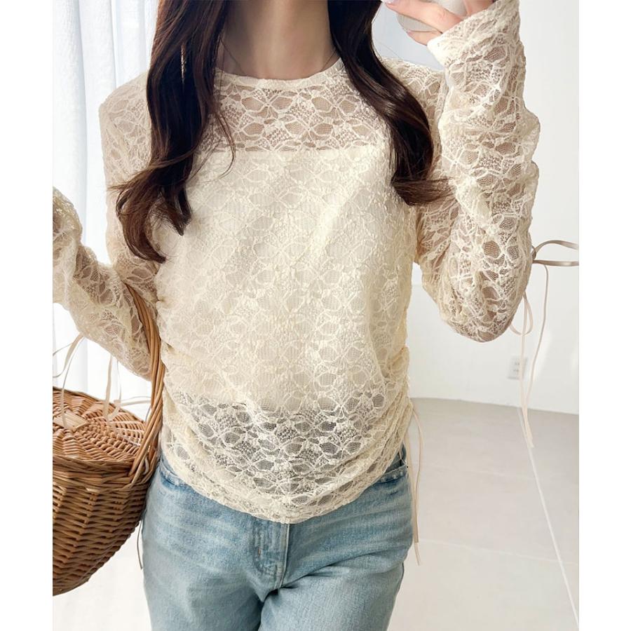 【mily bilet】 トップス Tシャツ レディース シアー ジャガード 総レース 素材 サイド サテン リボン 長袖 レイヤードコーデ 透け感 | classicalelf | 15