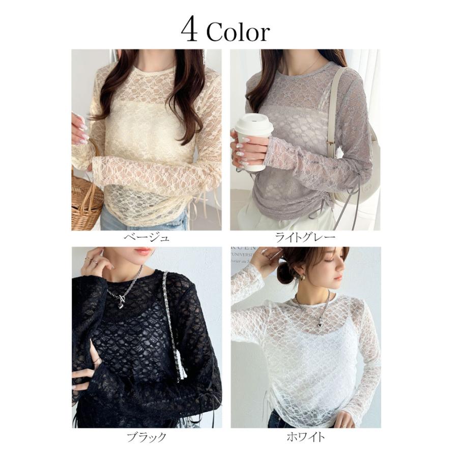 【mily bilet】 トップス Tシャツ レディース シアー ジャガード 総レース 素材 サイド サテン リボン 長袖 レイヤードコーデ 透け感 | classicalelf | 02