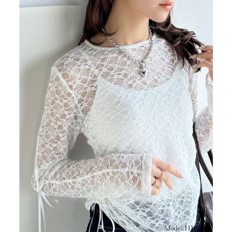 【mily bilet】 トップス Tシャツ レディース シアー ジャガード 総レース 素材 サイド サテン リボン 長袖 レイヤードコーデ 透け感 | classicalelf | 03