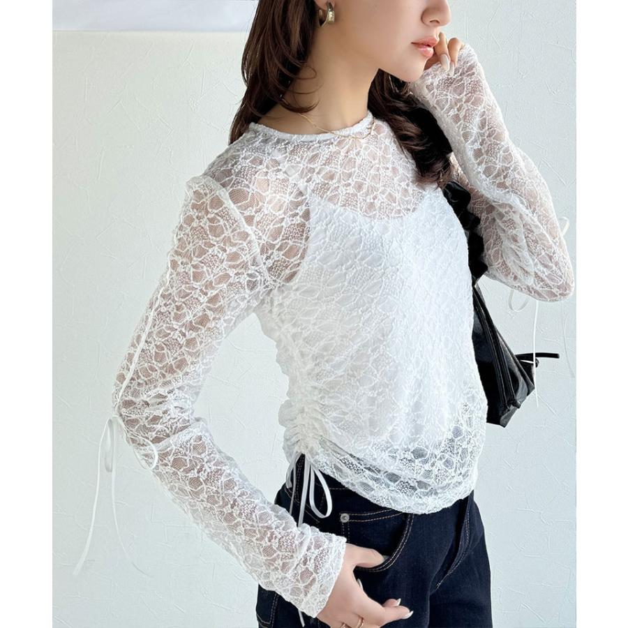 【mily bilet】 トップス Tシャツ レディース シアー ジャガード 総レース 素材 サイド サテン リボン 長袖 レイヤードコーデ 透け感 | classicalelf | 04