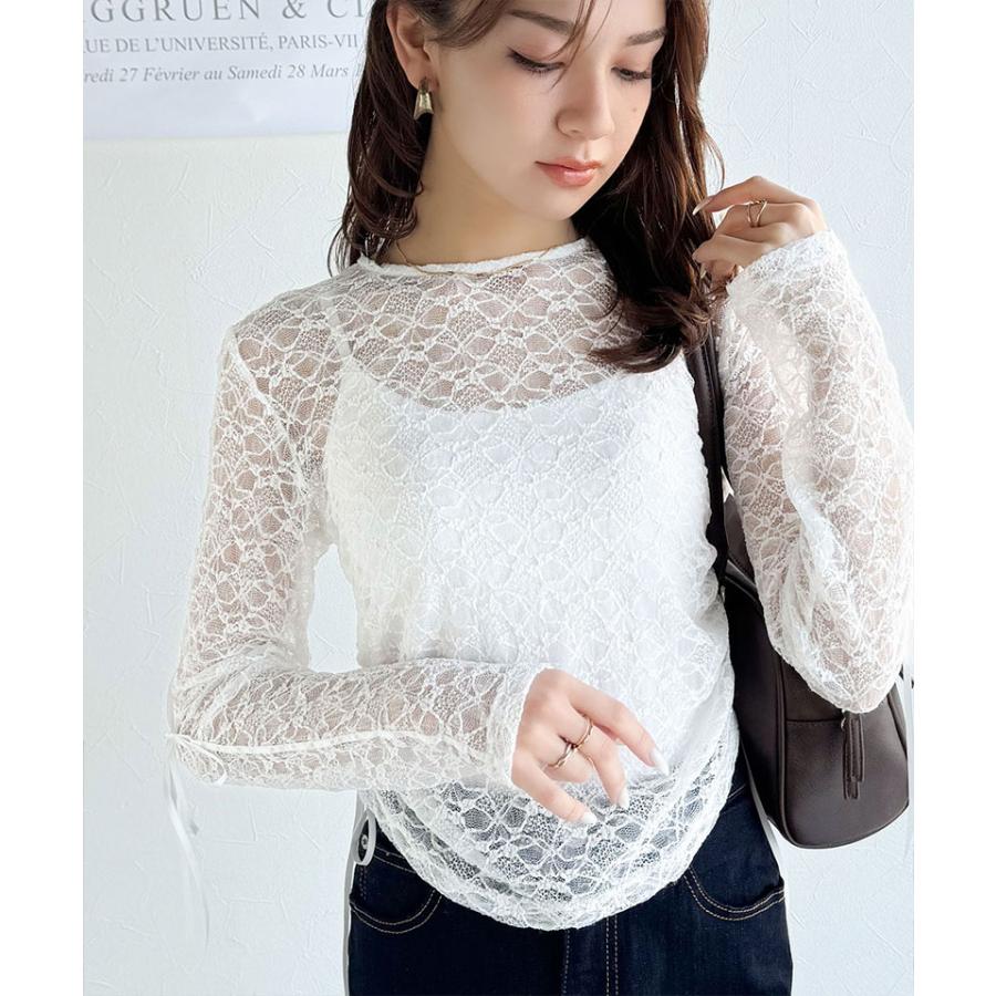 【mily bilet】 トップス Tシャツ レディース シアー ジャガード 総レース 素材 サイド サテン リボン 長袖 レイヤードコーデ 透け感 | classicalelf | 06