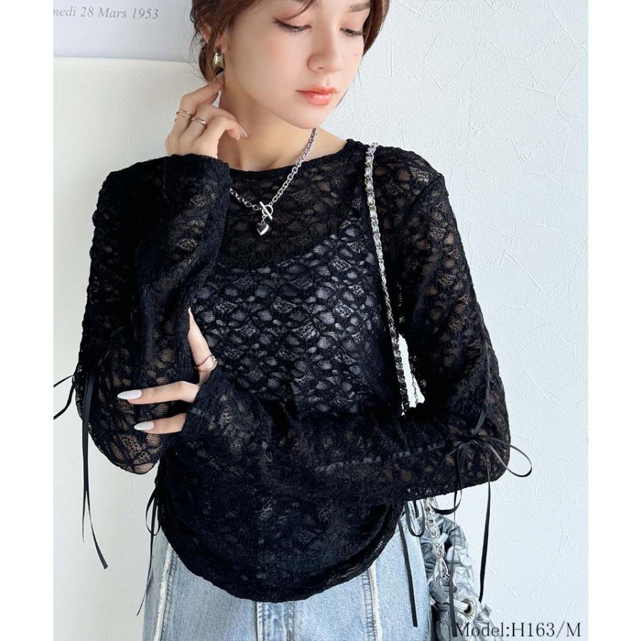 【mily bilet】 トップス Tシャツ レディース シアー ジャガード 総レース 素材 サイド サテン リボン 長袖 レイヤードコーデ 透け感 | classicalelf | 07