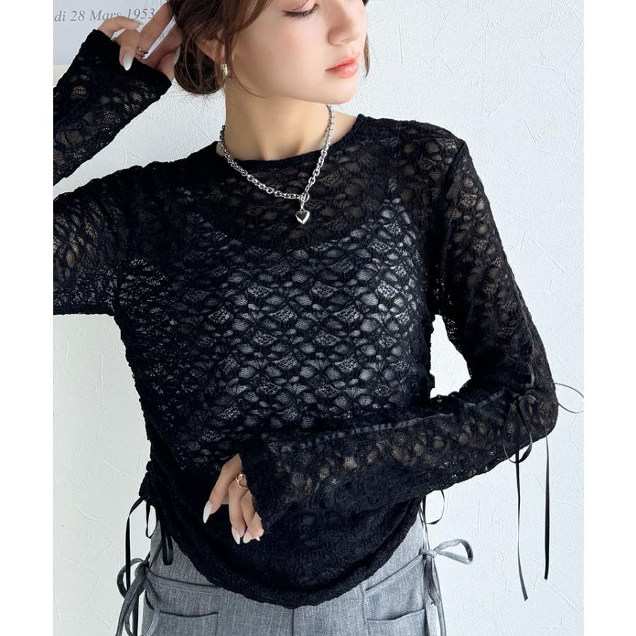【mily bilet】 トップス Tシャツ レディース シアー ジャガード 総レース 素材 サイド サテン リボン 長袖 レイヤードコーデ 透け感 | classicalelf | 08