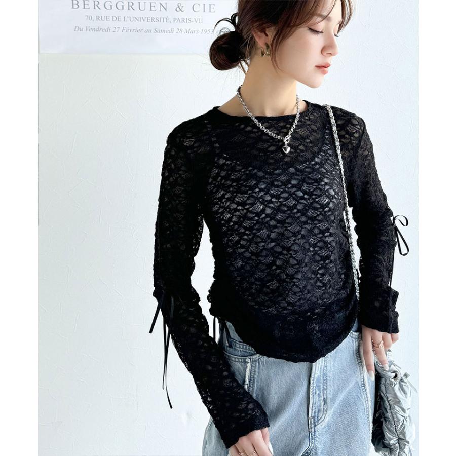 【mily bilet】 トップス Tシャツ レディース シアー ジャガード 総レース 素材 サイド サテン リボン 長袖 レイヤードコーデ 透け感 | classicalelf | 09