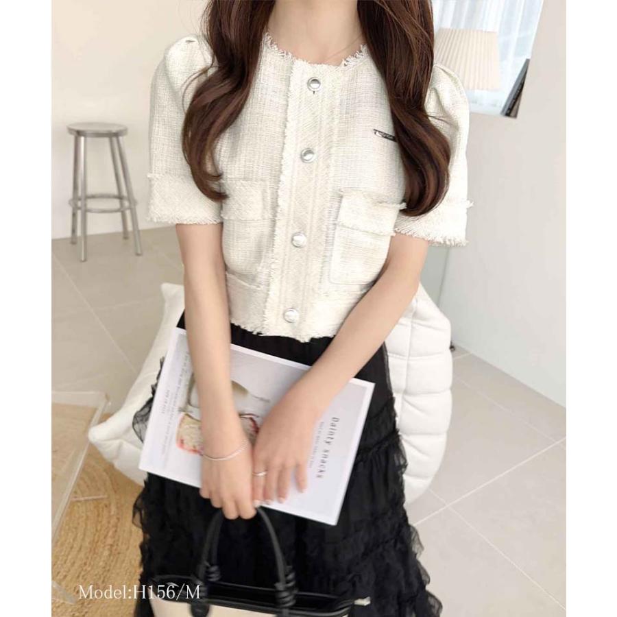 【mily bilet】 ジャケット アウター ノーカラージャケット レディース ラメ ツイード ショート丈 フリンジ ロゴプレート フェミニン 半袖 大きいサイズ | classicalelf | 02