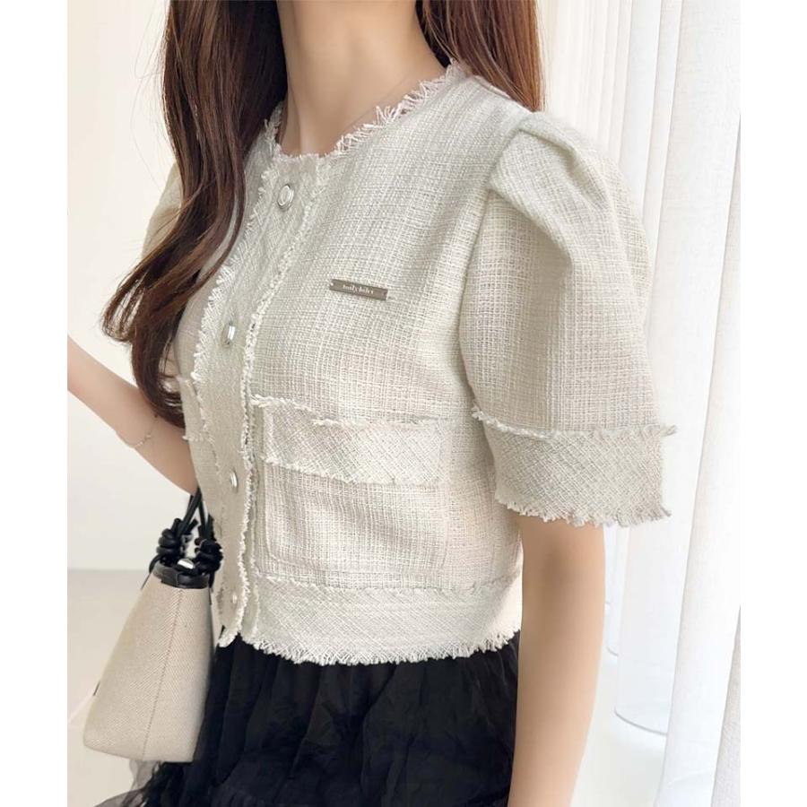 【mily bilet】 ジャケット アウター ノーカラージャケット レディース ラメ ツイード ショート丈 フリンジ ロゴプレート フェミニン 半袖 大きいサイズ | classicalelf | 04