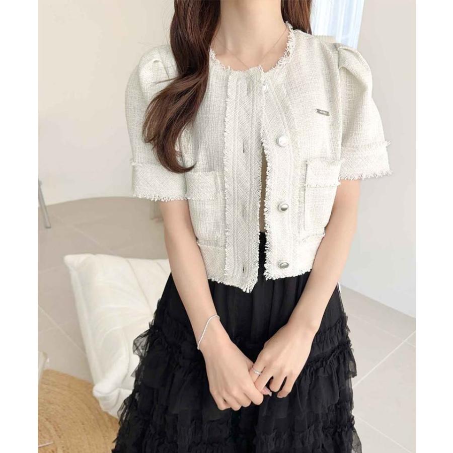 【mily bilet】 ジャケット アウター ノーカラージャケット レディース ラメ ツイード ショート丈 フリンジ ロゴプレート フェミニン 半袖 大きいサイズ | classicalelf | 05