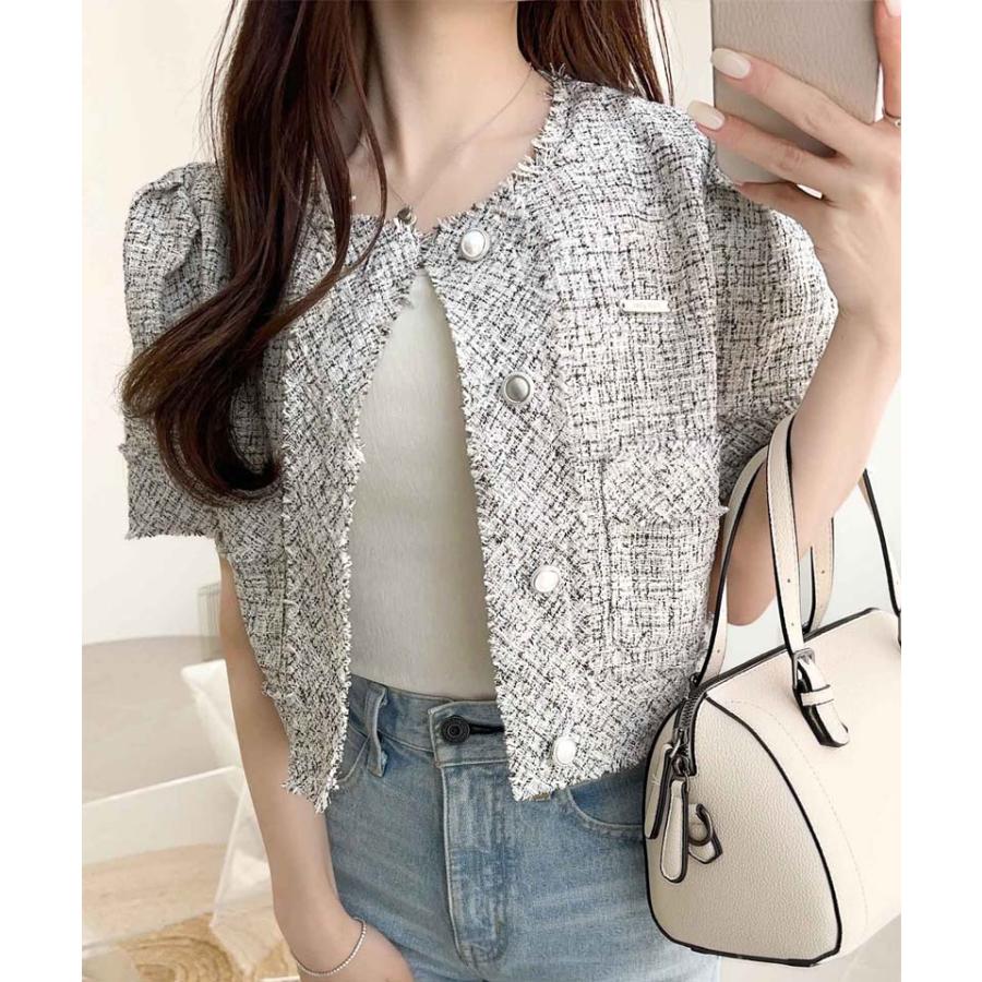 【mily bilet】 ジャケット アウター ノーカラージャケット レディース ラメ ツイード ショート丈 フリンジ ロゴプレート フェミニン 半袖 大きいサイズ | classicalelf | 07