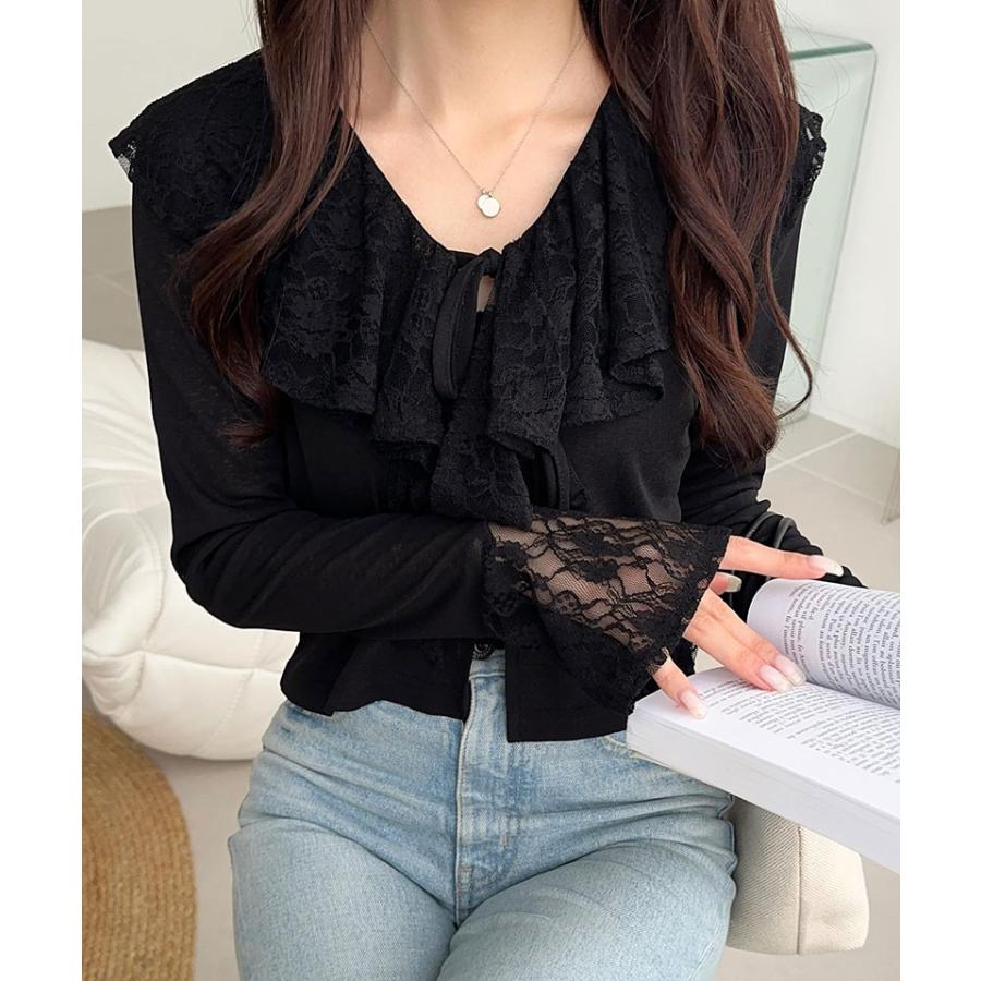【mily bilet】トップス カーディガン レディース レース襟 スラブシアー 揺れるフリル フェミニン トレンド感 リボン 幻想的 透け感 涼しい 羽織る 着映え | classicalelf | 10