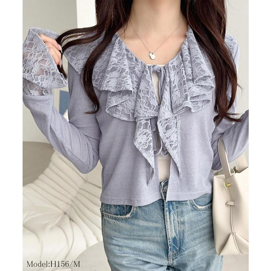 【mily bilet】トップス カーディガン レディース レース襟 スラブシアー 揺れるフリル フェミニン トレンド感 リボン 幻想的 透け感 涼しい 羽織る 着映え | classicalelf | 11