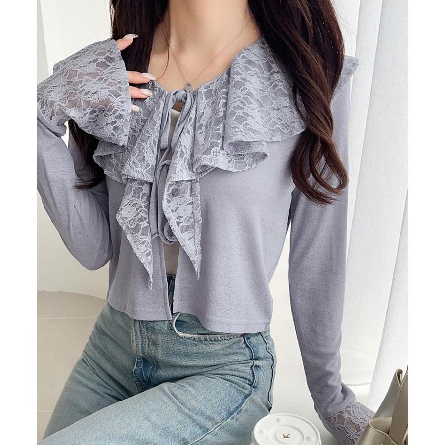 【mily bilet】トップス カーディガン レディース レース襟 スラブシアー 揺れるフリル フェミニン トレンド感 リボン 幻想的 透け感 涼しい 羽織る 着映え | classicalelf | 14