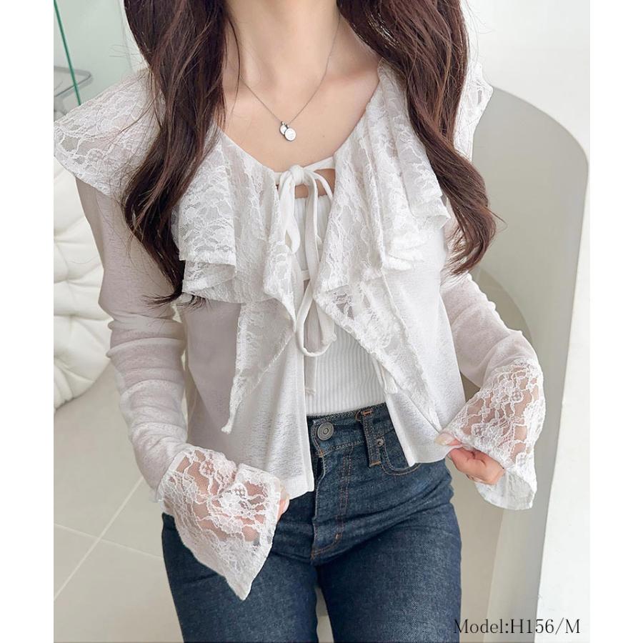 【mily bilet】トップス カーディガン レディース レース襟 スラブシアー 揺れるフリル フェミニン トレンド感 リボン 幻想的 透け感 涼しい 羽織る 着映え | classicalelf | 02