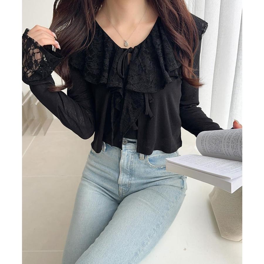 【mily bilet】トップス カーディガン レディース レース襟 スラブシアー 揺れるフリル フェミニン トレンド感 リボン 幻想的 透け感 涼しい 羽織る 着映え | classicalelf | 08
