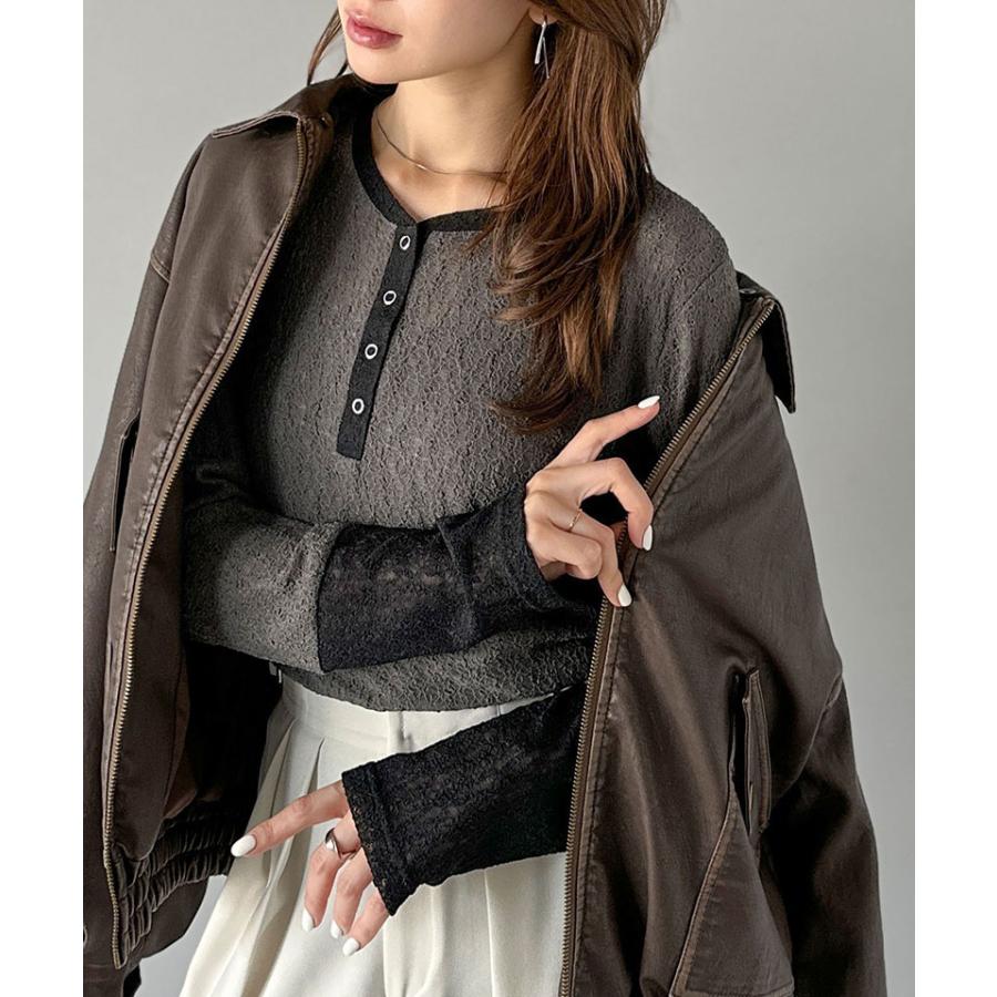 【mily bilet】トップス カットソー レディース ヘンリーネック 袖配色レース シンプル フェミニン カジュアル リングドット釦 カジュアル 上品 | classicalelf | 10