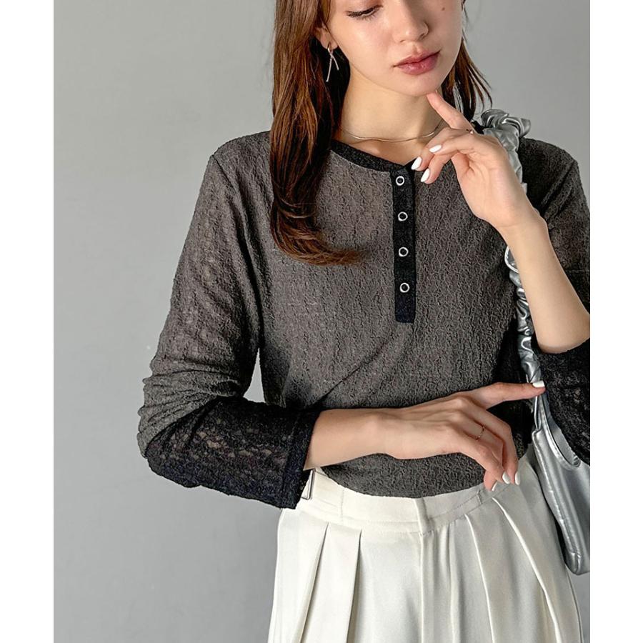 【mily bilet】トップス カットソー レディース ヘンリーネック 袖配色レース シンプル フェミニン カジュアル リングドット釦 カジュアル 上品 | classicalelf | 11