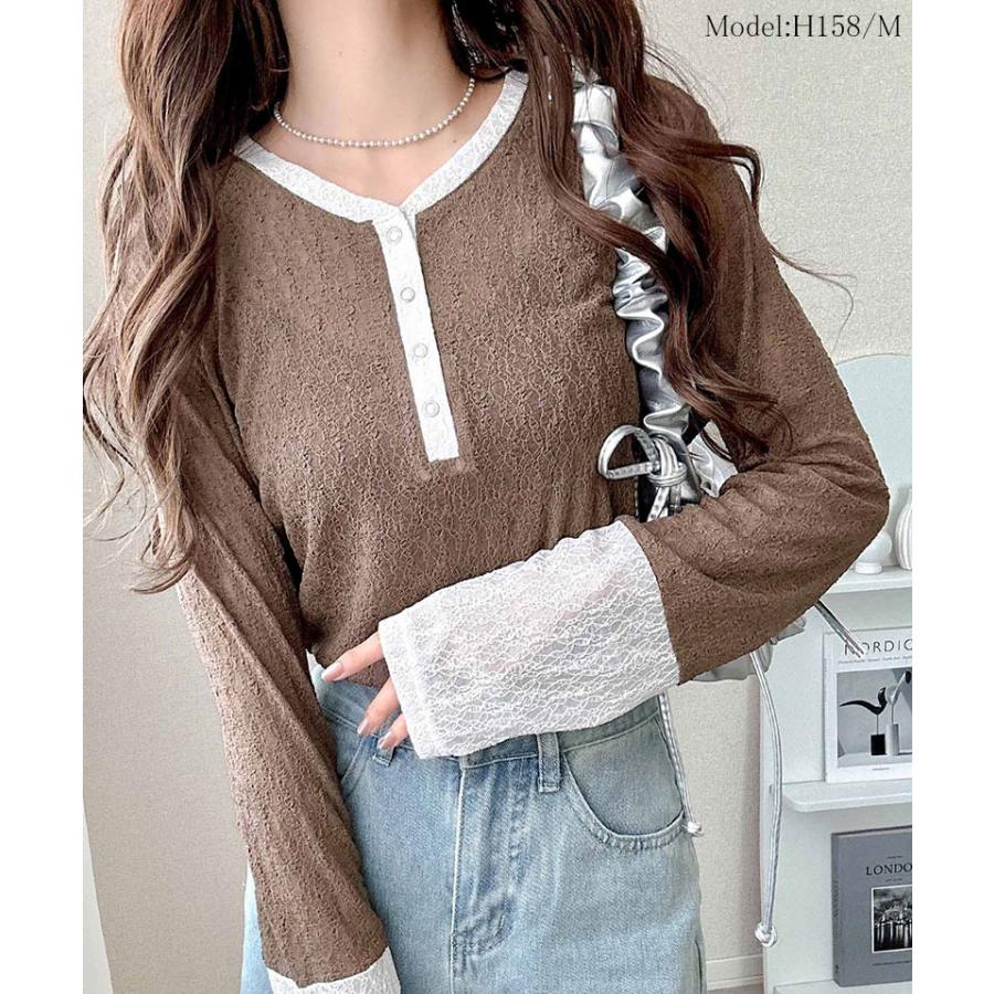 【mily bilet】トップス カットソー レディース ヘンリーネック 袖配色レース シンプル フェミニン カジュアル リングドット釦 カジュアル 上品 | classicalelf | 12
