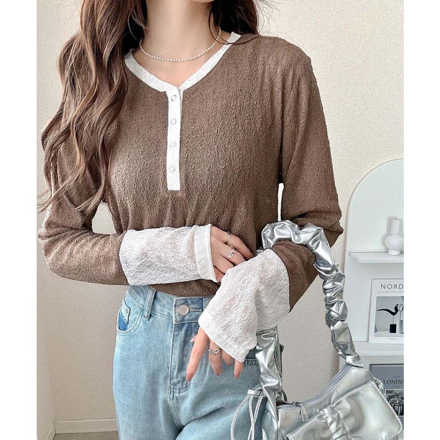 【mily bilet】トップス カットソー レディース ヘンリーネック 袖配色レース シンプル フェミニン カジュアル リングドット釦 カジュアル 上品 | classicalelf | 14