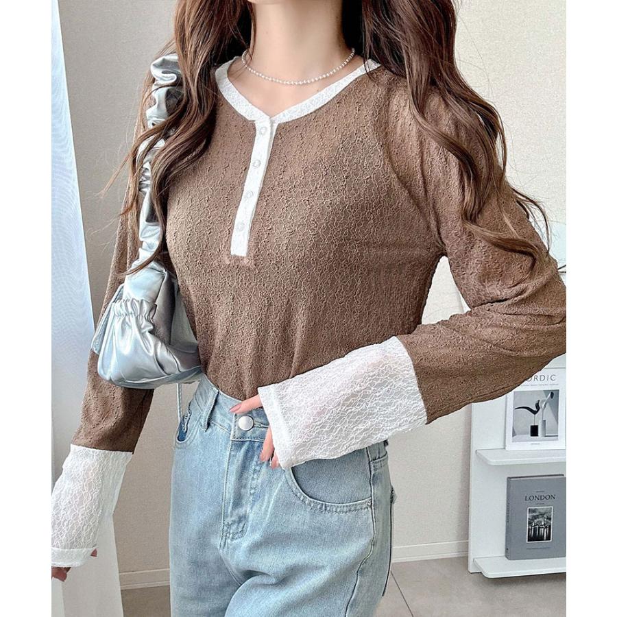 【mily bilet】トップス カットソー レディース ヘンリーネック 袖配色レース シンプル フェミニン カジュアル リングドット釦 カジュアル 上品 | classicalelf | 15