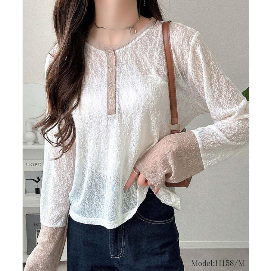 【mily bilet】トップス カットソー レディース ヘンリーネック 袖配色レース シンプル フェミニン カジュアル リングドット釦 カジュアル 上品 | classicalelf | 02