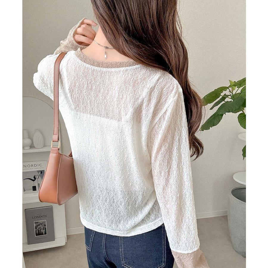 【mily bilet】トップス カットソー レディース ヘンリーネック 袖配色レース シンプル フェミニン カジュアル リングドット釦 カジュアル 上品 | classicalelf | 03