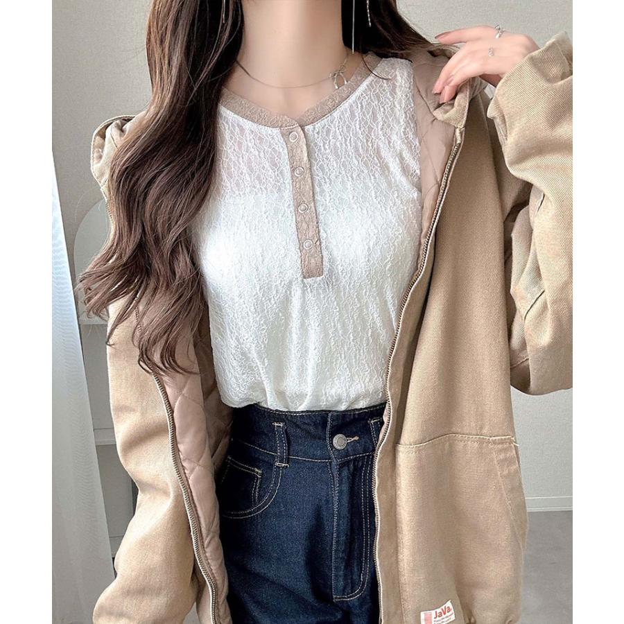 【mily bilet】トップス カットソー レディース ヘンリーネック 袖配色レース シンプル フェミニン カジュアル リングドット釦 カジュアル 上品 | classicalelf | 04