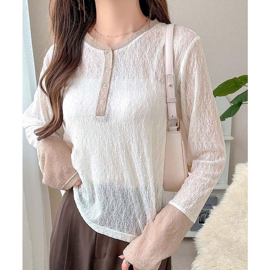 【mily bilet】トップス カットソー レディース ヘンリーネック 袖配色レース シンプル フェミニン カジュアル リングドット釦 カジュアル 上品 | classicalelf | 05