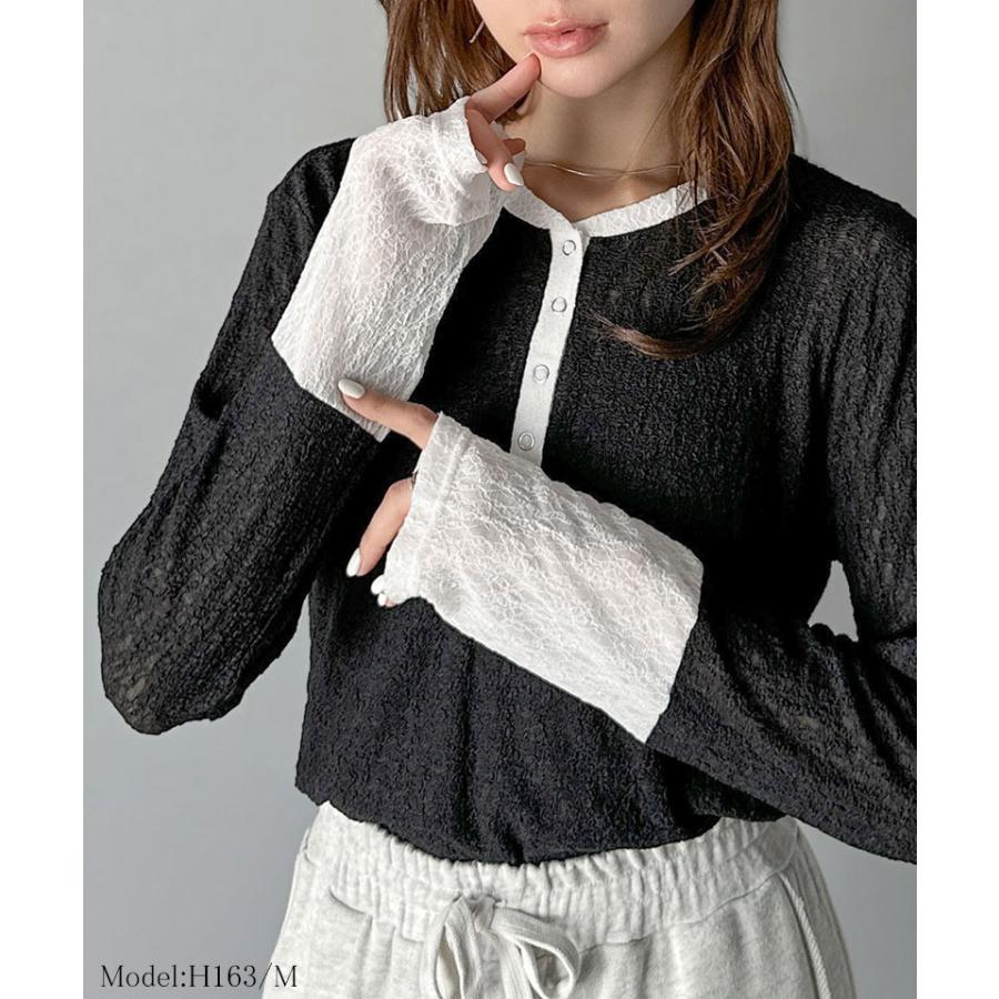 【mily bilet】トップス カットソー レディース ヘンリーネック 袖配色レース シンプル フェミニン カジュアル リングドット釦 カジュアル 上品 | classicalelf | 06