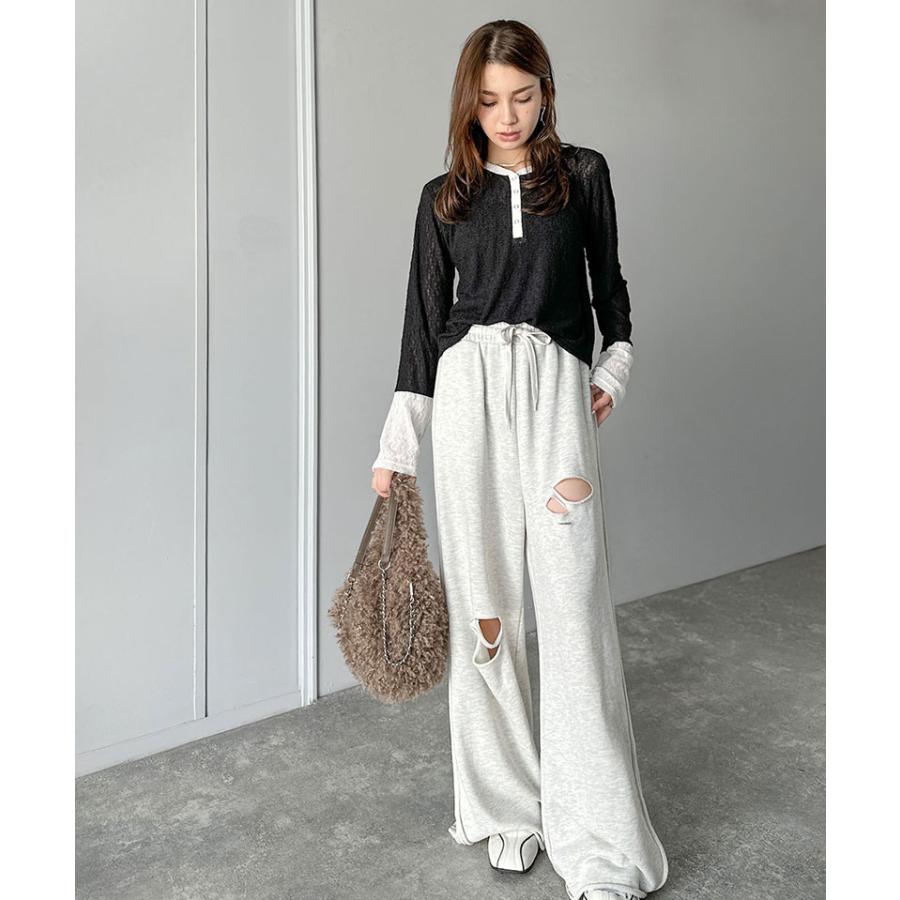 【mily bilet】トップス カットソー レディース ヘンリーネック 袖配色レース シンプル フェミニン カジュアル リングドット釦 カジュアル 上品 | classicalelf | 07