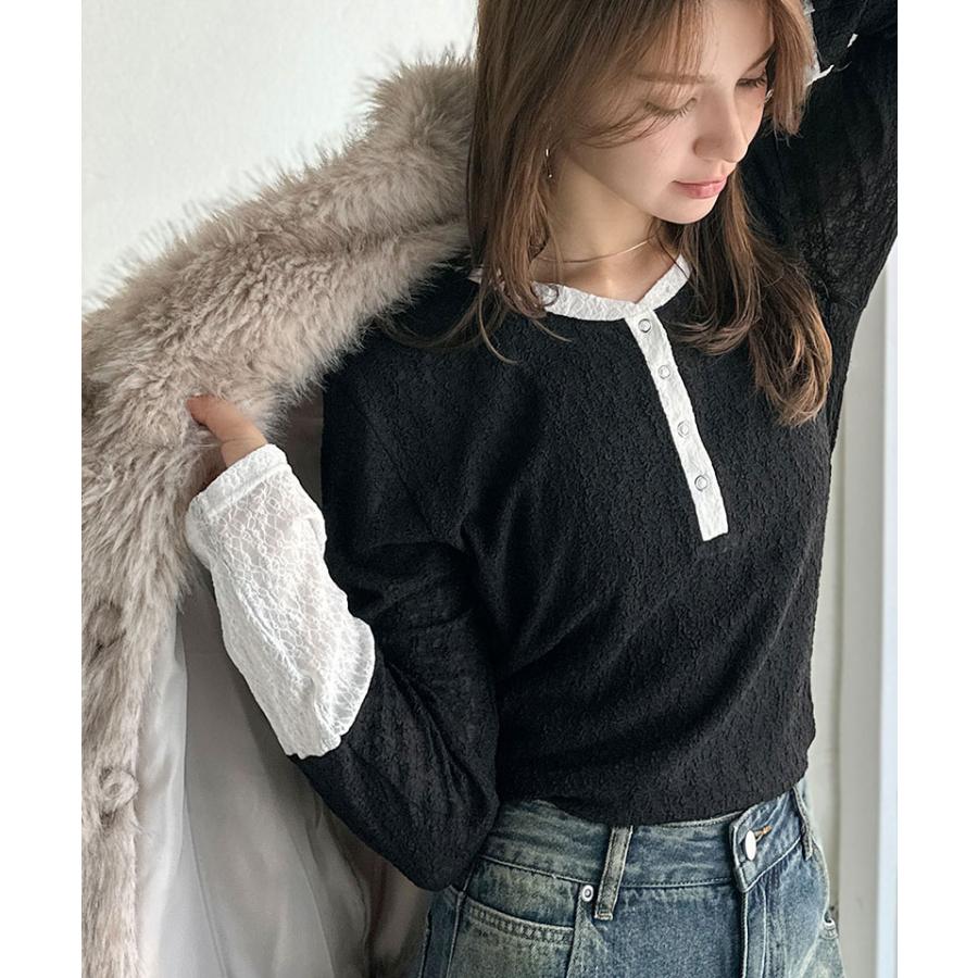 【mily bilet】トップス カットソー レディース ヘンリーネック 袖配色レース シンプル フェミニン カジュアル リングドット釦 カジュアル 上品 | classicalelf | 08