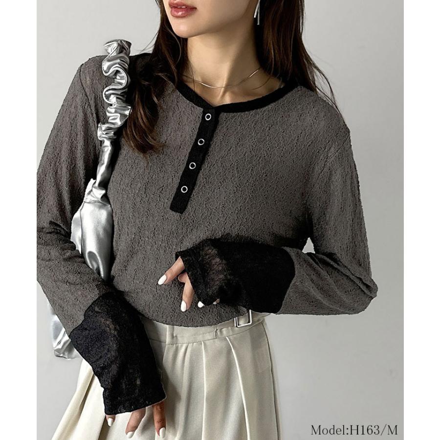 【mily bilet】トップス カットソー レディース ヘンリーネック 袖配色レース シンプル フェミニン カジュアル リングドット釦 カジュアル 上品 | classicalelf | 09