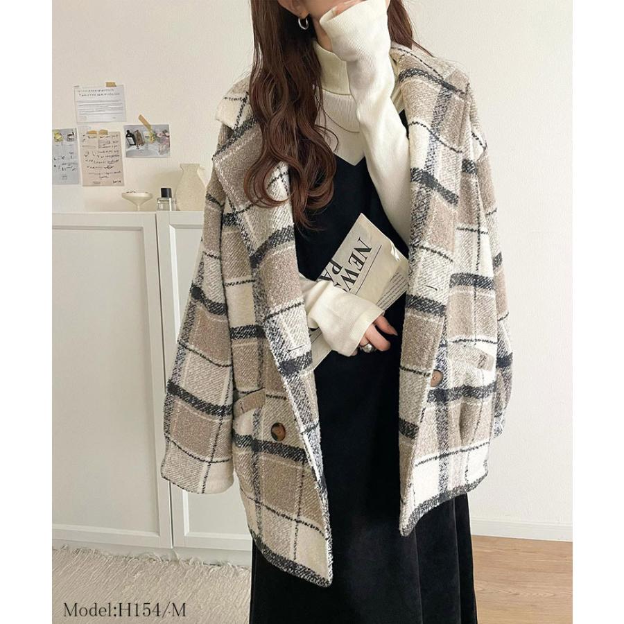 【mily bilet】コート レディース 冬 チェスタ アウターミドル丈 起毛ブークレ チェック柄 コクーンシルエット ダブルブレスト コクーンシルエット | classicalelf | 02