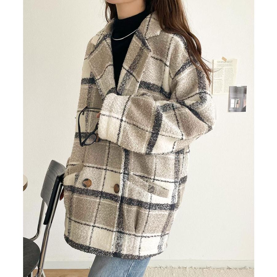 【mily bilet】コート レディース 冬 チェスタ アウターミドル丈 起毛ブークレ チェック柄 コクーンシルエット ダブルブレスト コクーンシルエット | classicalelf | 04