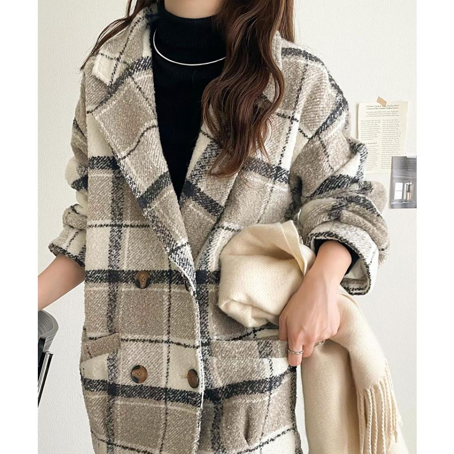 【mily bilet】コート レディース 冬 チェスタ アウターミドル丈 起毛ブークレ チェック柄 コクーンシルエット ダブルブレスト コクーンシルエット | classicalelf | 05