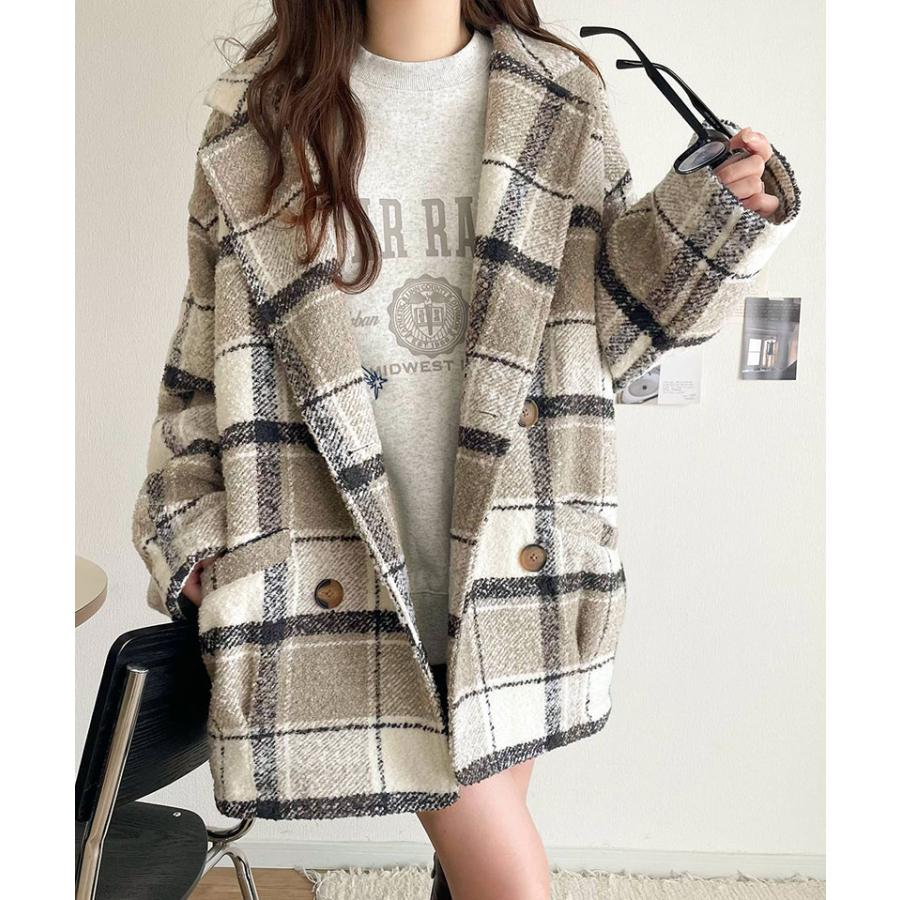 【mily bilet】コート レディース 冬 チェスタ アウターミドル丈 起毛ブークレ チェック柄 コクーンシルエット ダブルブレスト コクーンシルエット | classicalelf | 06