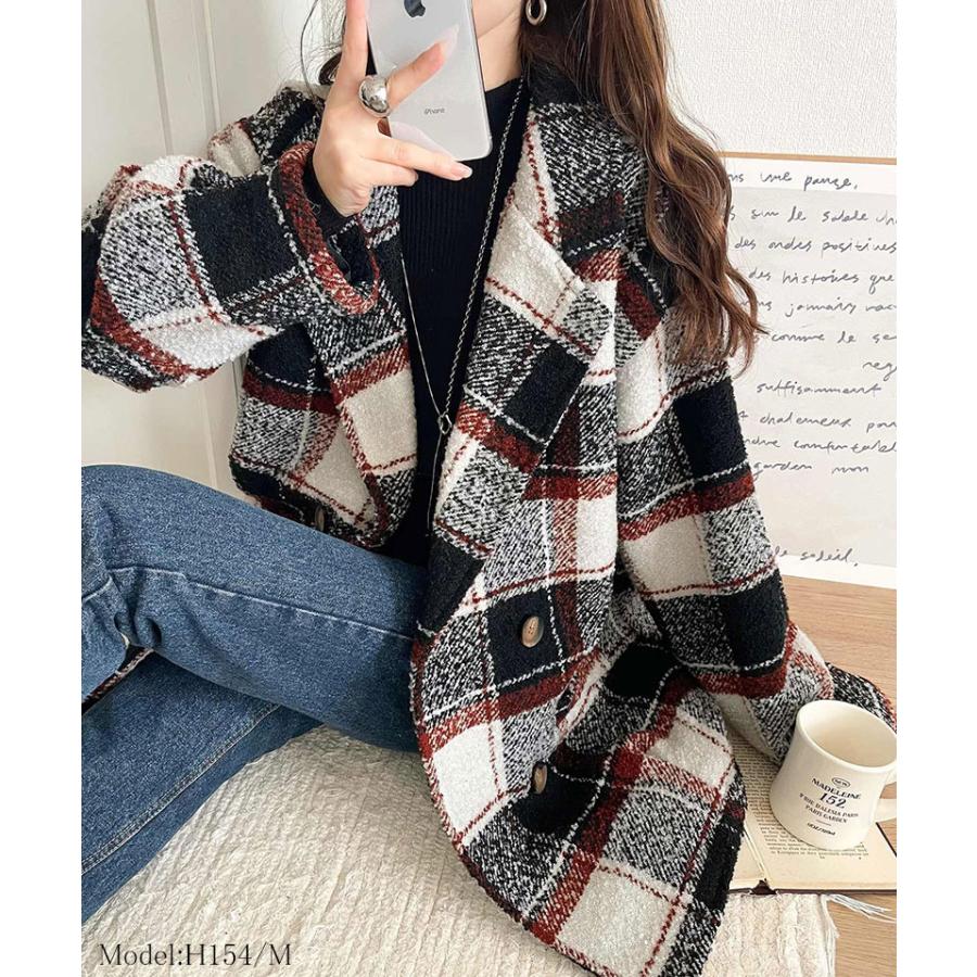 【mily bilet】コート レディース 冬 チェスタ アウターミドル丈 起毛ブークレ チェック柄 コクーンシルエット ダブルブレスト コクーンシルエット | classicalelf | 07