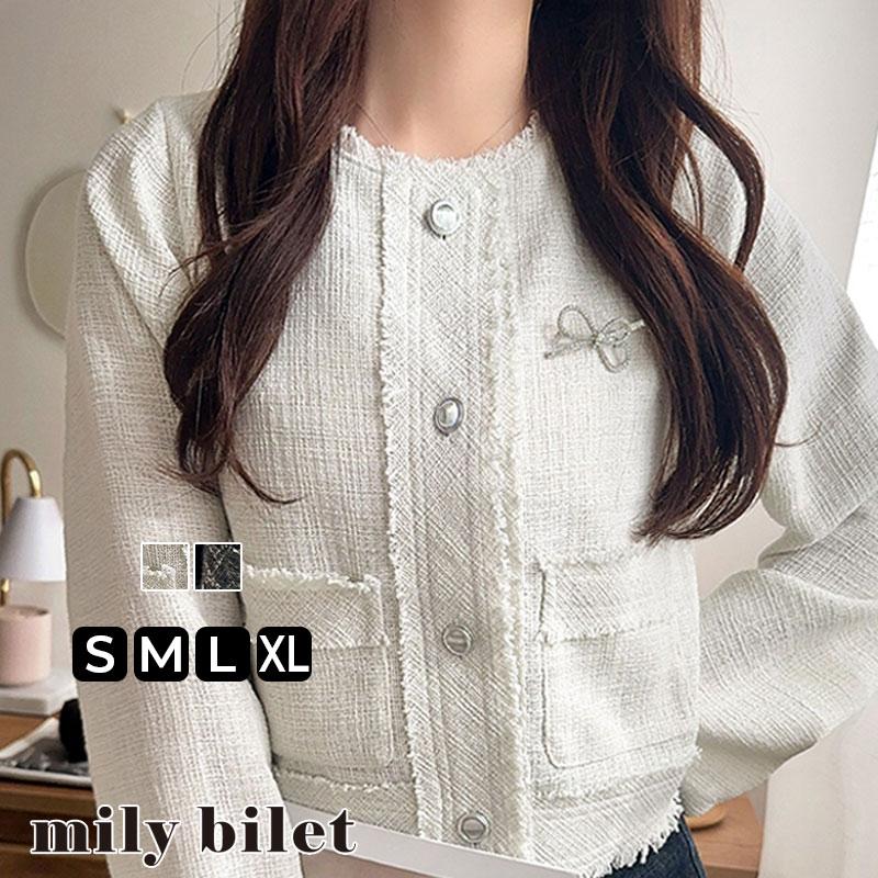 【mily bilet】アウター レディース 秋 ジャケット レディース リボン ブローチ フリンジ 使い 長袖 ラメ 入り ツイード ジJK フォーマル 上着 大きいサイズ | classicalelf