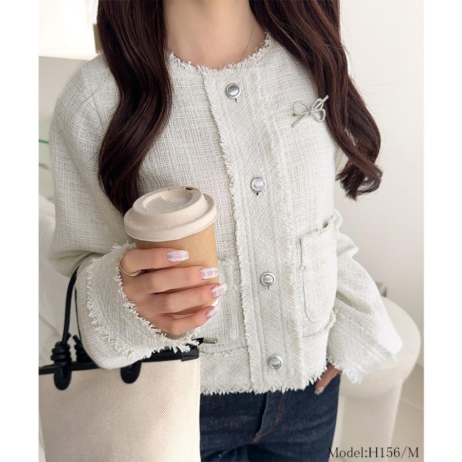 【mily bilet】アウター レディース 秋 ジャケット レディース リボン ブローチ フリンジ 使い 長袖 ラメ 入り ツイード ジJK フォーマル 上着 大きいサイズ | classicalelf | 02