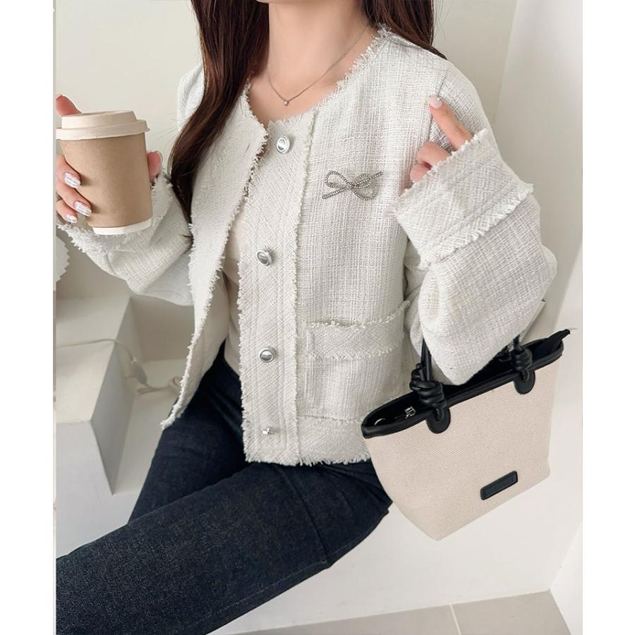 【mily bilet】アウター レディース 秋 ジャケット レディース リボン ブローチ フリンジ 使い 長袖 ラメ 入り ツイード ジJK フォーマル 上着 大きいサイズ | classicalelf | 05