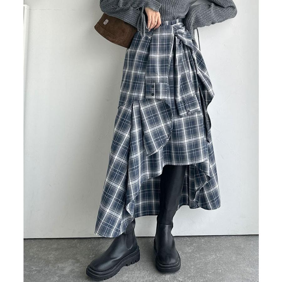 【mily bilet】スカート ロング 秋冬 ボトムス レディース チェック柄 ロング丈 レイヤード風 シャツ巻き風 こなれ感 アシンメトリー お洒落 万能 | classicalelf | 10