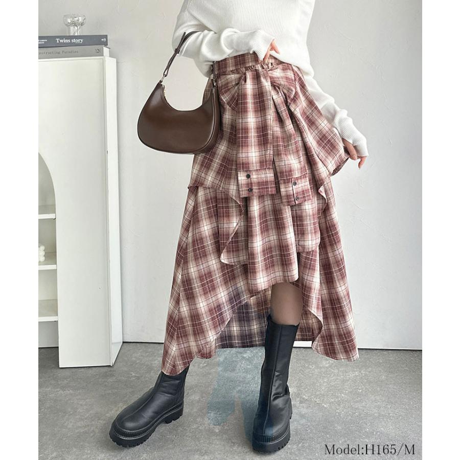 【mily bilet】スカート ロング 秋冬 ボトムス レディース チェック柄 ロング丈 レイヤード風 シャツ巻き風 こなれ感 アシンメトリー お洒落 万能 | classicalelf | 11