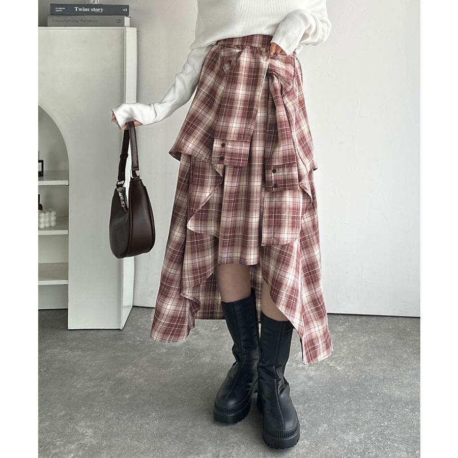 【mily bilet】スカート ロング 秋冬 ボトムス レディース チェック柄 ロング丈 レイヤード風 シャツ巻き風 こなれ感 アシンメトリー お洒落 万能 | classicalelf | 12